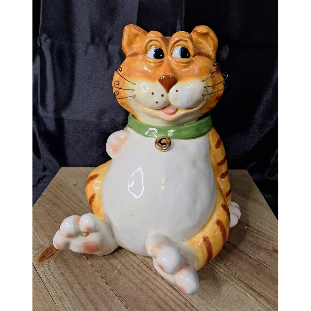 Vintage DCI Jim Orange 1990s Cat Ceramic Cookie Jar Green Collar Wire Whiskers